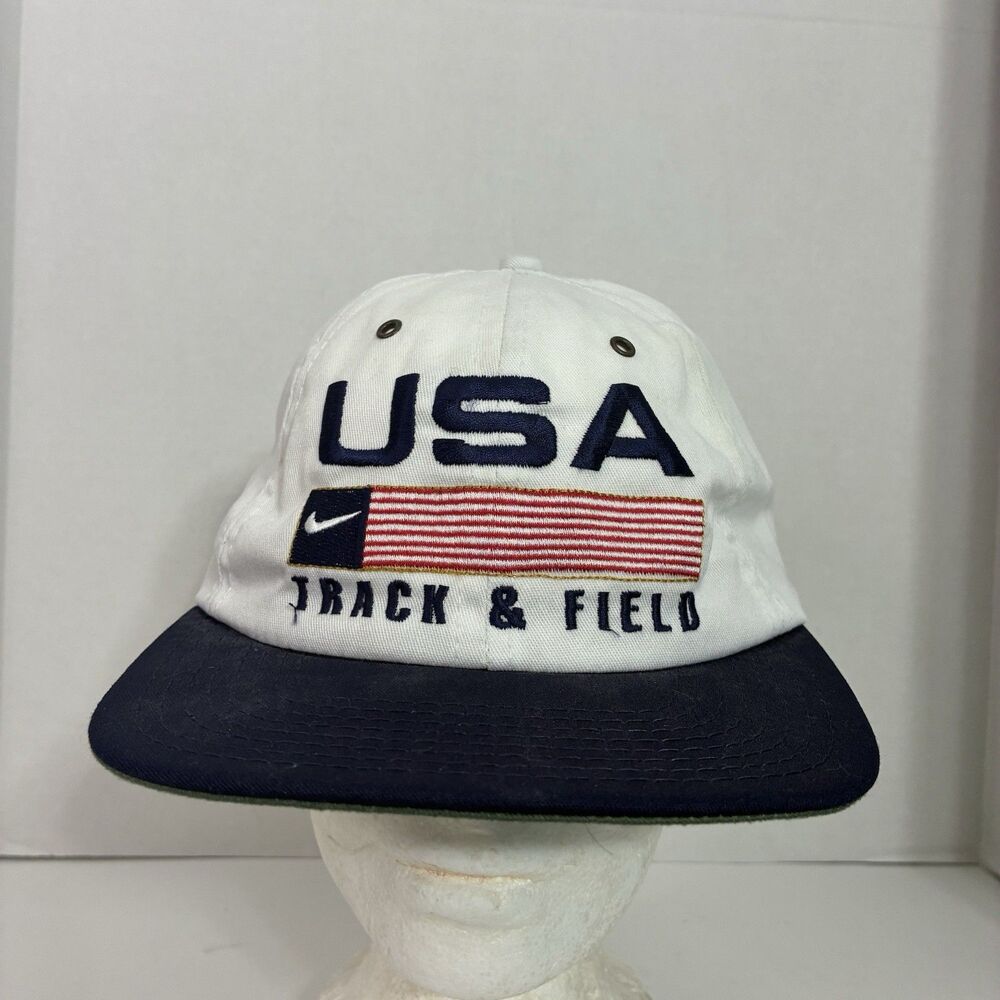 Nike USA Track & Field Snapback Hat Vintage Made In USA White Cap
